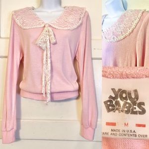 Vintage Vtg pink lace collar kawaii fairy kei lolita cottagecore sweater Medium